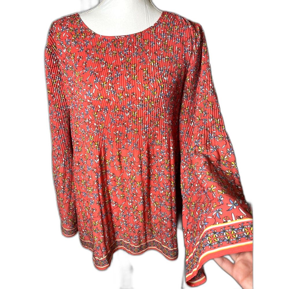 Max Studio Red Ditsy Floral Flare Sleeve Pleated Boho Feminine Top 1X NWT